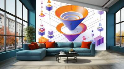 Abstract illustration of two connected funnels with colorful geometric shapes and lines. Wall mural