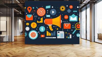 Marketing concept with megaphone and various icons on a dark background. Wall mural