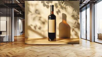 Single bottle of red wine with blank label on wooden surface, sunlight with shadows from leaves. Wall mural