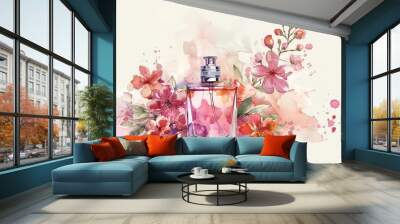 Watercolor illustration of a perfume bottle with flowers. Wall mural