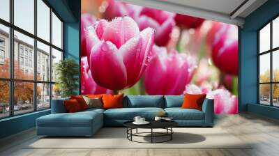 Water drop on pink tulip Wall mural