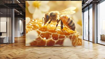 A photorealistic image of honey dripping from the stinger tip, showcasing its natural texture and color. The bee is perched on top of an oversized piece of fresh honeycomb with delicate flowers Wall mural