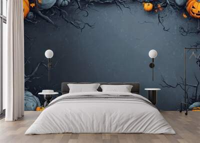 A spooky Halloween frame with pumpkins, witches on brooms and spider webs. High quality vector illustration clip art with highly detailed edges. The background is dark gray to add depth.  Wall mural