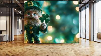 Capture a realistic image of a St. Patrick's Day symbol, such as a beautifully crafted shamrock or a lucky leprechaun figurine, set against a backdrop of vibrant green decorations and twinkling lights Wall mural