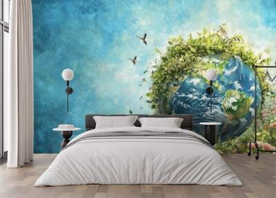 Celebrate Earth Day with a vibrant background showcasing the natural beauty of our planet, emphasizing lush landscapes and the interconnectedness of all life forms in harmony with nature Wall mural