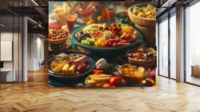 Celebrate World Food Day with a vibrant and colorful scene that highlights the diversity and richness of global cuisine, showcasing fresh ingredients, traditional dishes, and the joy of sharing meals Wall mural