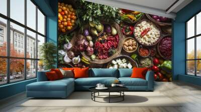 Celebrate World Food Day with a vibrant display of diverse cuisines, colorful ingredients, and rich textures that emphasize the importance of global food security and the joy of sharing meals  Wall mural