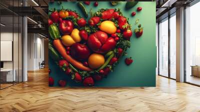 Celebrate World Heart Day with a powerful visual of a heart-shaped symbol made from fresh fruits and vegetables, emphasizing the importance of a healthy lifestyle for a strong heart Wall mural