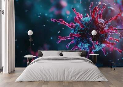 Depict a close-up view of a virus particle, showcasing its intricate structure with vibrant colors and sharp details, set against a dark, ominous background to emphasize the microscopic threat  Wall mural