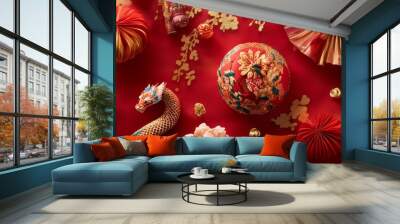 Welcome the Chinese New Year with elegance, featuring the Shio Snake in a dynamic, festive design that embodies the charm and wisdom associated with this zodiac sign Wall mural