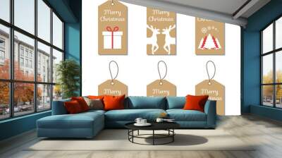 Christmas gift and price tag set with hanger and cardboard background. Enviromentally friendly gift and price tags with holiday icons and symbols. Wall mural