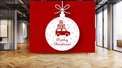 Modern paper cutout style hanging red christmas ornament with merry christmas text and gift boxes on top of a car icon. Traditional christmas ball on flat design. Wall mural