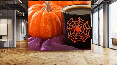 Coffee niche in Halloween and fall festival holiday theme. Horror and ghost with beverage concept Wall mural