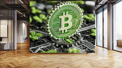 Digital Bitcoin Token on Circuit Board with Green Leaves Wall mural