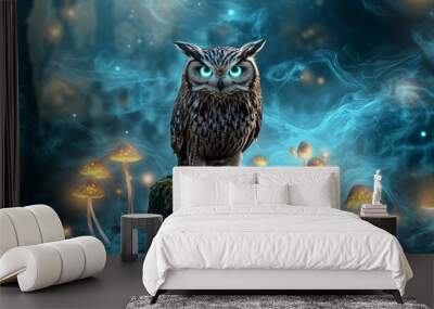 Happy Halloween ! 3D Owl illustration character with pumpkin and ghost in a horror cemetery Wall mural