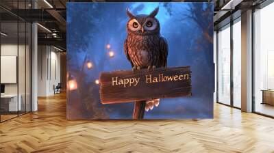 Happy Halloween ! 3D Owl illustration character with pumpkin and ghost in a horror cemetery Wall mural