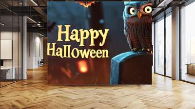 Happy Halloween ! 3D Owl illustration character with pumpkin and ghost in a horror cemetery Wall mural