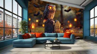 Happy Halloween ! 3D Owl illustration character with pumpkin and ghost in a horror cemetery Wall mural