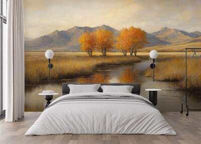 Serene Autumn Landscape with Reflections and Mountains Wall mural