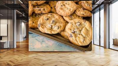 batch of homemade chocolate cookies on baking sheet  Wall mural