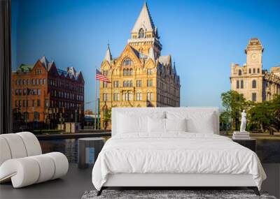 Downtown Syracuse New York with view of historic buildings and fountain at Clinton Square Wall mural