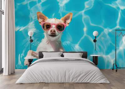 Chihuahua dog with sunglasses on swimming pool. Pet in summer vacation concept Wall mural