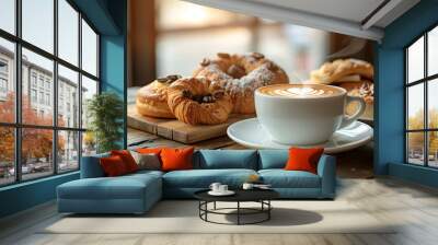 Cozy morning with steaming cup of cappuccino with latte art and freshly baked pastries on rustic wooden table Wall mural