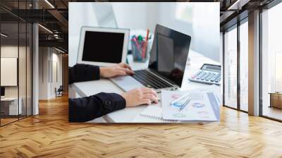 Business woman using a calculator to calculate the numbers on his desk in a office. Wall mural