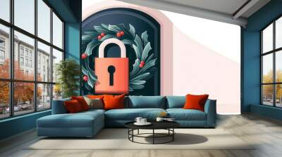 Home lock icon with holiday wreath, safety theme, flat design illustration Wall mural