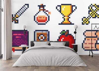 Set of pixel art icons for retro games. Resolution 16 x 16 Wall mural