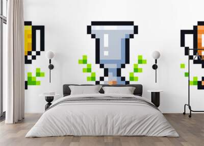 set of pixel art icons of trophy cups. Gold cup, silver cup, bronze cup. Wall mural