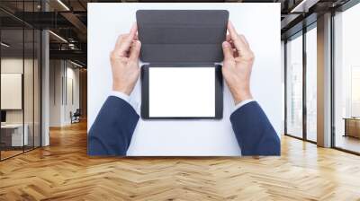 businessman hands holding digital tablet computer on white backg Wall mural