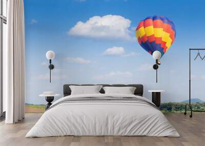 Hot air balloon over green fields Wall mural