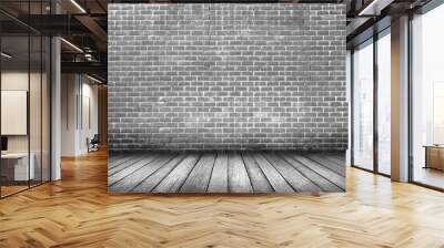 Old black wood floor with brick wall background Wall mural