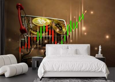 Shopping cart with bitcoin with stock market candle stick chart Wall mural