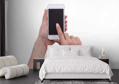 Women hands holding and touching smartphone isolated on white ba Wall mural