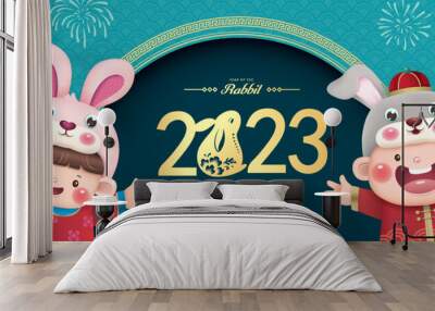 2023 Chinese new year, year of the rabbit greeting card design with 2 little kids holding red packets.  Wall mural