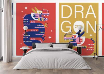 2024 Chinese New Year, year of the Dragon. Set of Chinese zodiac dragon design in geometric flat modern style. Chinese translation: Dragon Wall mural