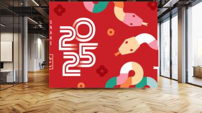 2025 Chinese new year, year of the snake banner template design with modern geometric style snakes on red background. Chinese translation: Snake Wall mural