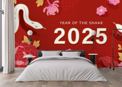 2025 Chinese new year, year of the snake banner template design with white snakes and beautiful flowers background. Chinese translation: Snake Wall mural