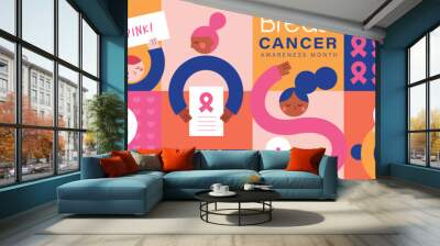 Breast cancer awareness month poster for oncology prevention campaign. Vector illustration in flat style. Wall mural