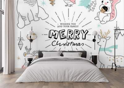 Christmas card with hand drawn cute animals Wall mural