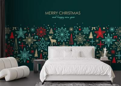 Christmas greeting card/ poster/ cover with stars, snowflakes, Christmas tree and reindeer Wall mural