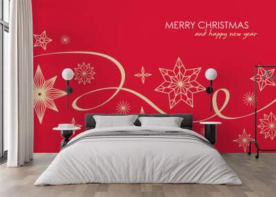 Christmas greetings banner with swirl ribbons and stars on red colour background Wall mural