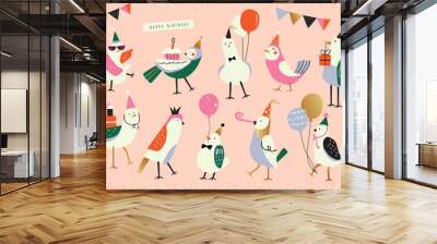 Collection of birthday party birds cartoon character design. Birthday party vector illustration for greeting card, invitation, event, poster, sticker, prints. Wall mural