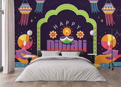 Happy Diwali Hindu festival modern flat design with 2 Indian women's hand holding oil lamp and typography design.  Wall mural