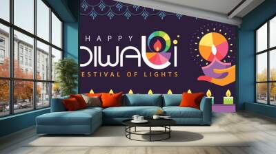 Happy Diwali Hindu festival modern flat design with colorful oil lamps and typography design.  Wall mural