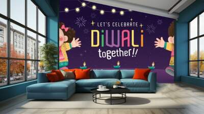 Happy Diwali poster with cute Indian kids playing fire crackers and celebrating Diwali festival. Wall mural