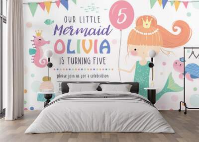 Kids birthday party invitation card with cute little mermaid and marine life Wall mural