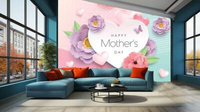 Mother's day greeting design with beautiful blossom flowers Wall mural